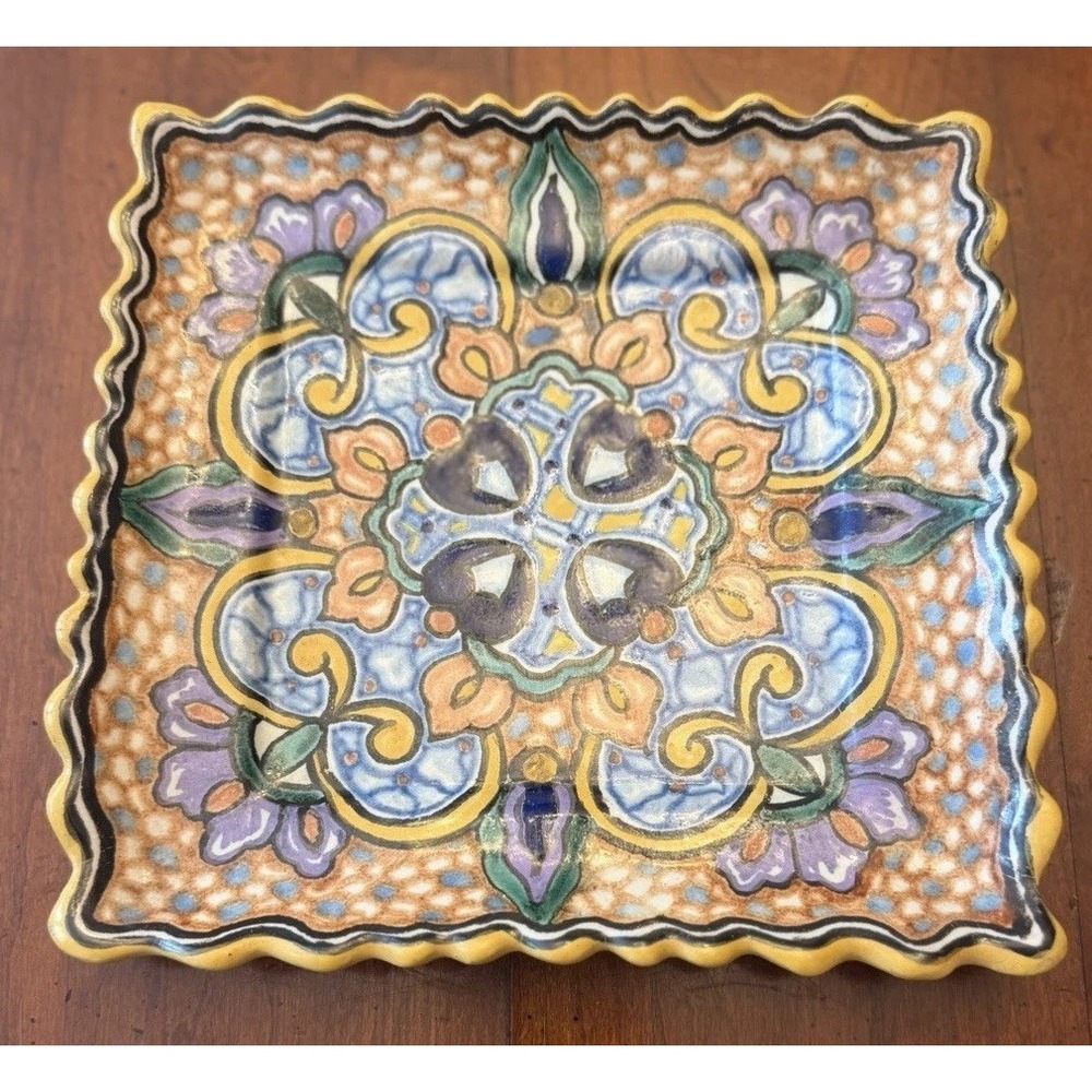Vintage Casa Rugerio Puebla Mexico Talavera Square Plate Ruffled Edge